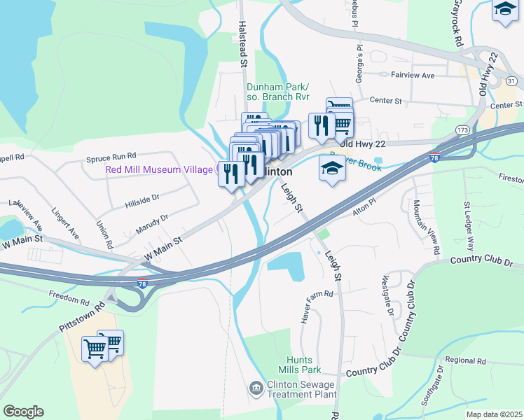 map of restaurants, bars, coffee shops, grocery stores, and more near 2 Old Highway 22 in Clinton