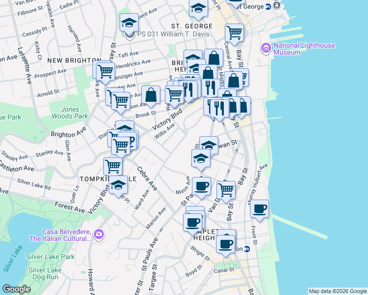 map of restaurants, bars, coffee shops, grocery stores, and more near 11 Ward Avenue in Staten Island