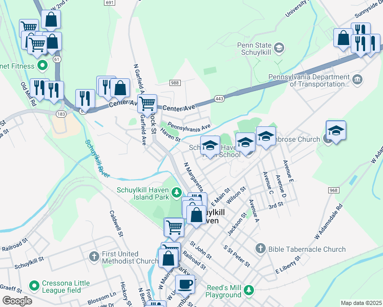 map of restaurants, bars, coffee shops, grocery stores, and more near 209 Haven Street in Schuylkill Haven