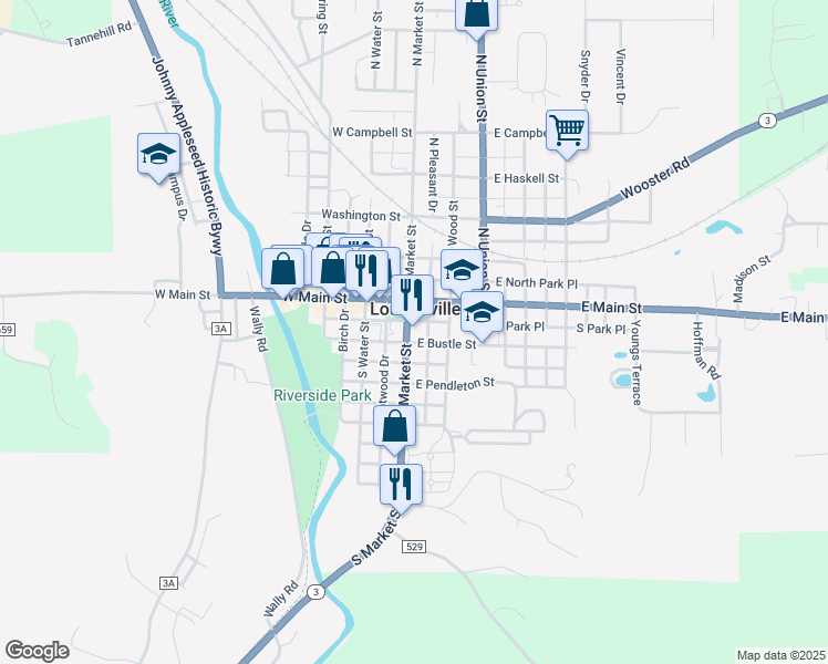map of restaurants, bars, coffee shops, grocery stores, and more near 109 South Market Street in Loudonville