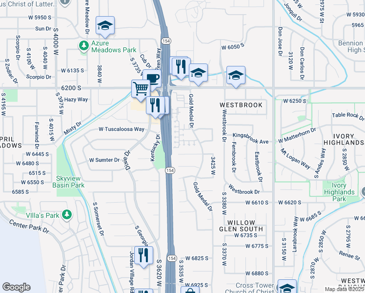 map of restaurants, bars, coffee shops, grocery stores, and more near 3541 West Green Springs Lane in West Jordan