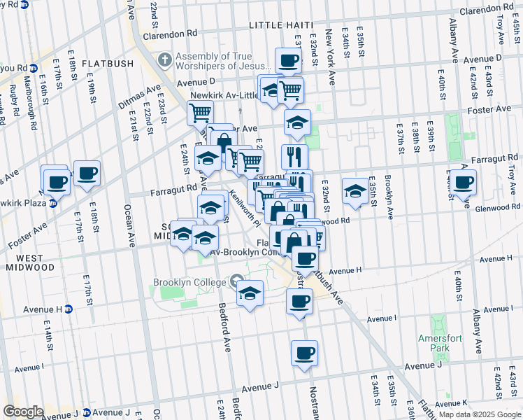 map of restaurants, bars, coffee shops, grocery stores, and more near 1466 Flatbush Avenue in Brooklyn