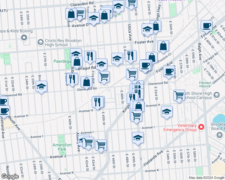 map of restaurants, bars, coffee shops, grocery stores, and more near 1548 Schenectady Avenue in Brooklyn
