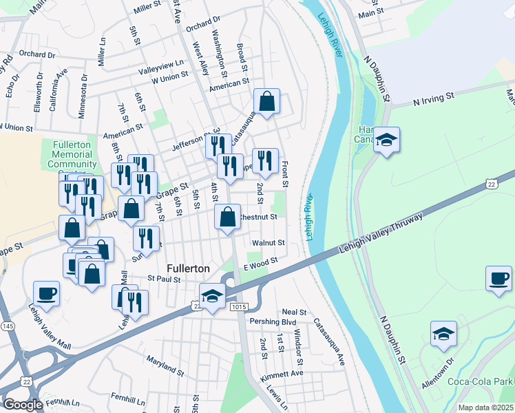 map of restaurants, bars, coffee shops, grocery stores, and more near 216 Quarry Street in Fullerton