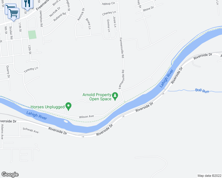 map of restaurants, bars, coffee shops, grocery stores, and more near 1315 Farmersville Road in Bethlehem