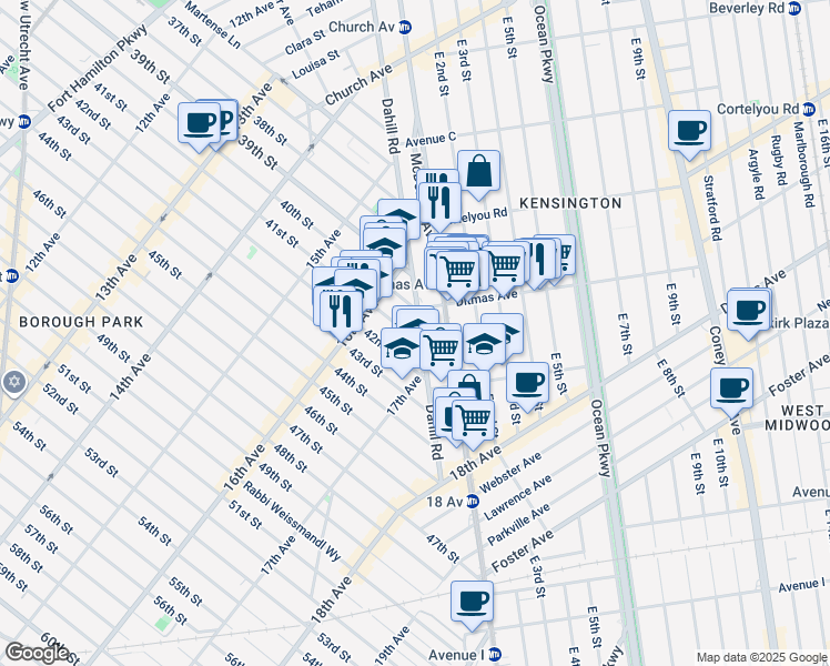 map of restaurants, bars, coffee shops, grocery stores, and more near 526 Dahill Road in Brooklyn