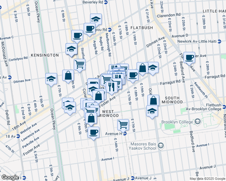 map of restaurants, bars, coffee shops, grocery stores, and more near 618 Marlborough Road in Brooklyn