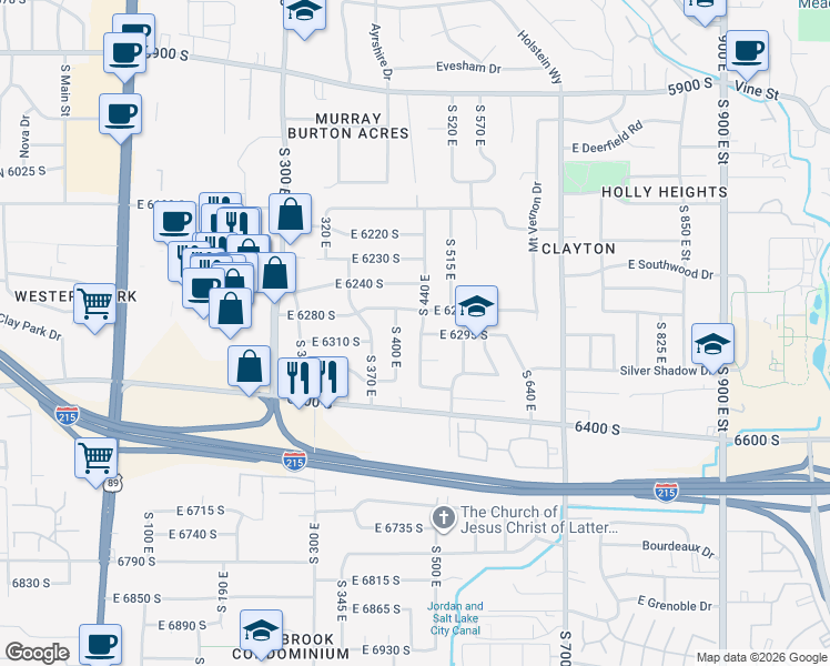 map of restaurants, bars, coffee shops, grocery stores, and more near 6285 South 440 East in Murray
