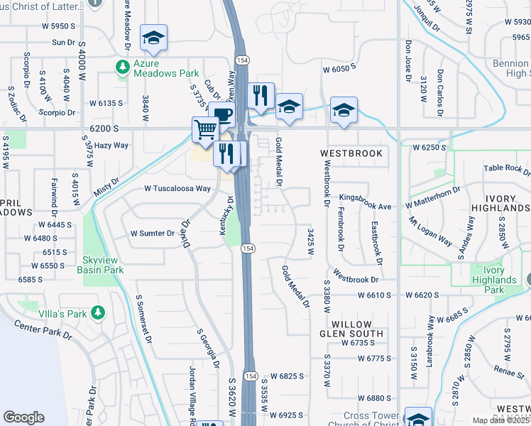 map of restaurants, bars, coffee shops, grocery stores, and more near 3531 West Green Springs Lane in West Jordan