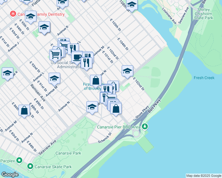 map of restaurants, bars, coffee shops, grocery stores, and more near 9823 Seaview Avenue in Brooklyn