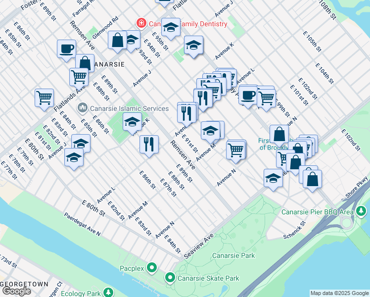 map of restaurants, bars, coffee shops, grocery stores, and more near 1456 East 91st Street in Brooklyn