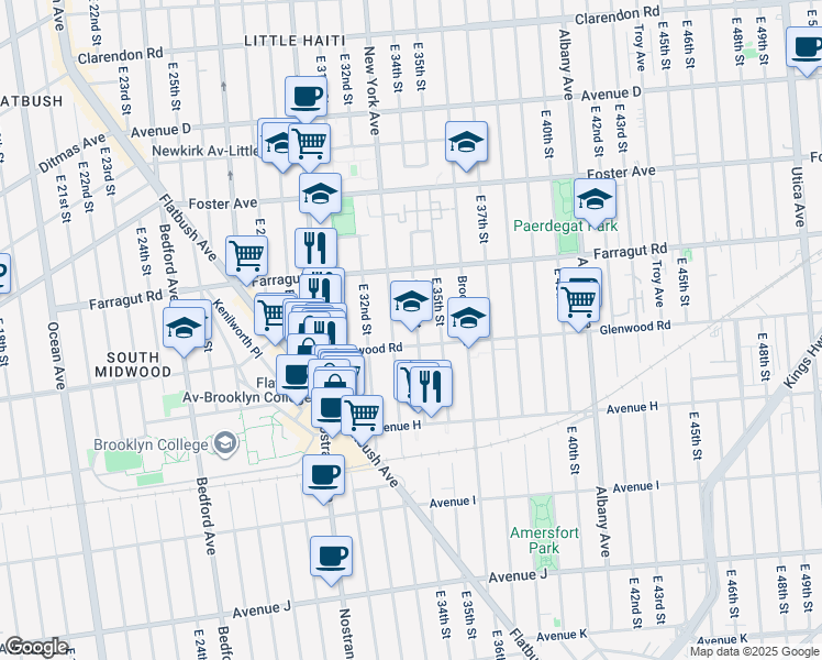 map of restaurants, bars, coffee shops, grocery stores, and more near 871 East 34th Street in Brooklyn