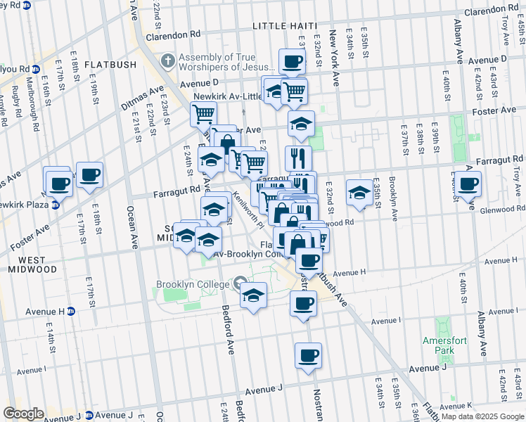 map of restaurants, bars, coffee shops, grocery stores, and more near 1466 Flatbush Avenue in Brooklyn