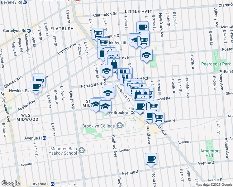 map of restaurants, bars, coffee shops, grocery stores, and more near 34 Kenilworth Place in Brooklyn