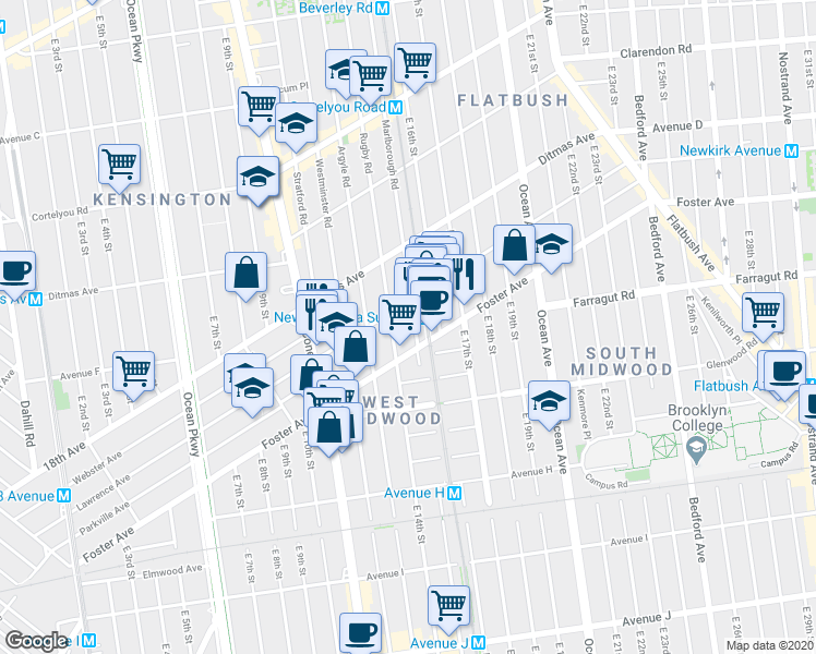 map of restaurants, bars, coffee shops, grocery stores, and more near 1516 Newkirk Avenue in Brooklyn