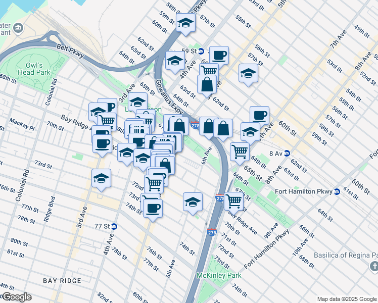 map of restaurants, bars, coffee shops, grocery stores, and more near 538 67th Street in Brooklyn