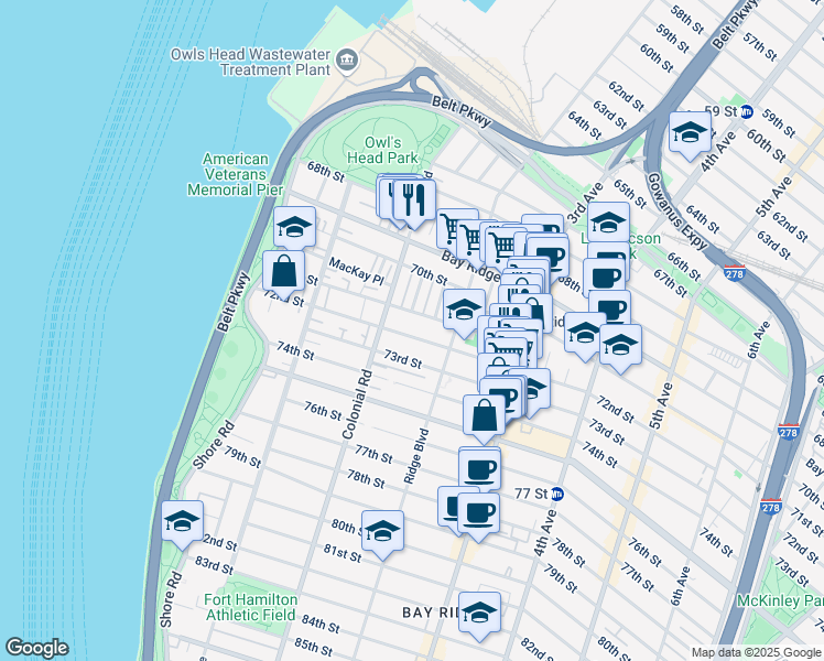 map of restaurants, bars, coffee shops, grocery stores, and more near 138 71st Street in Brooklyn