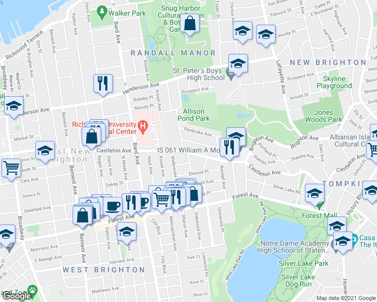 map of restaurants, bars, coffee shops, grocery stores, and more near 72 Valencia Avenue in Staten Island