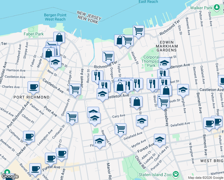 map of restaurants, bars, coffee shops, grocery stores, and more near 113 Dongan Street in Staten Island