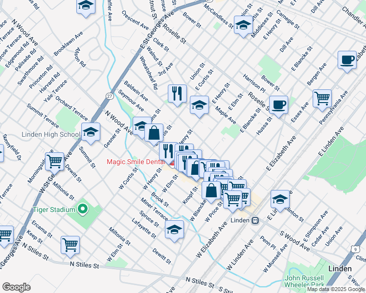 map of restaurants, bars, coffee shops, grocery stores, and more near 45 East Henry Street in Linden