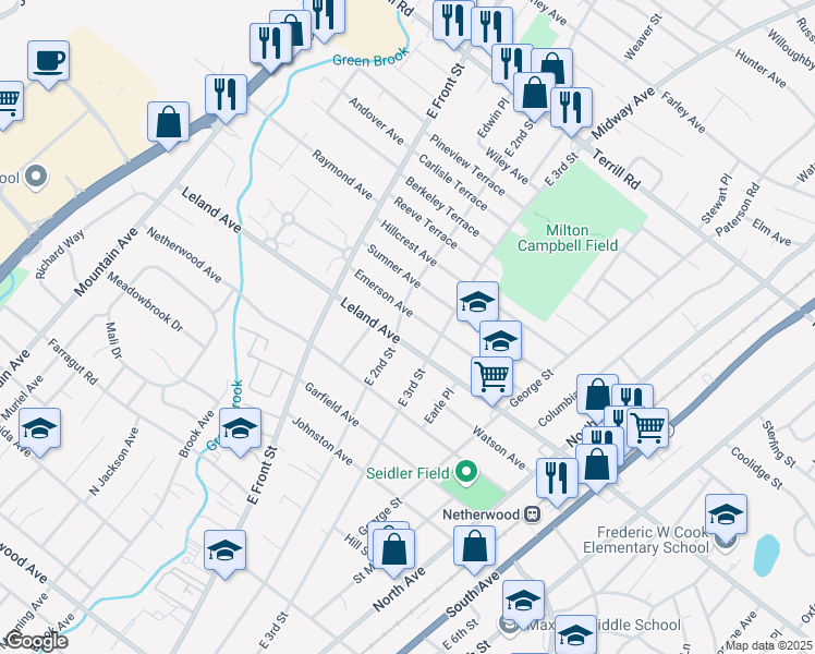 map of restaurants, bars, coffee shops, grocery stores, and more near 1211 East 2nd Street in Plainfield