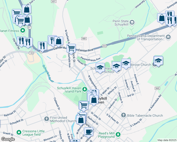 map of restaurants, bars, coffee shops, grocery stores, and more near 244 North Margaretta Street in Schuylkill Haven