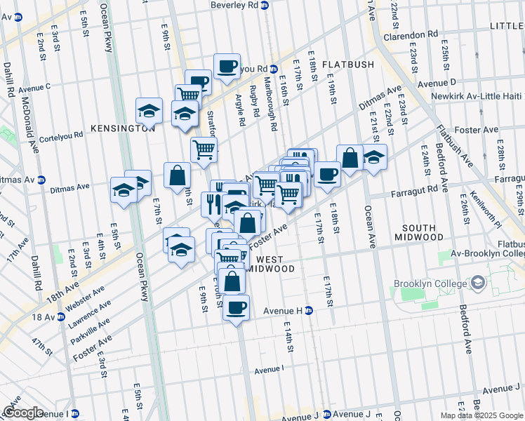 map of restaurants, bars, coffee shops, grocery stores, and more near 1302 Newkirk Avenue in Brooklyn