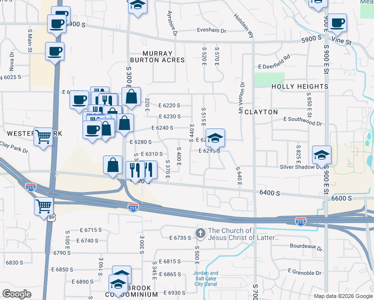 map of restaurants, bars, coffee shops, grocery stores, and more near 6285 South 440 East in Murray