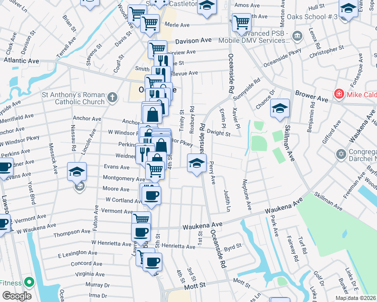 map of restaurants, bars, coffee shops, grocery stores, and more near 3143 Trinity Street in Oceanside