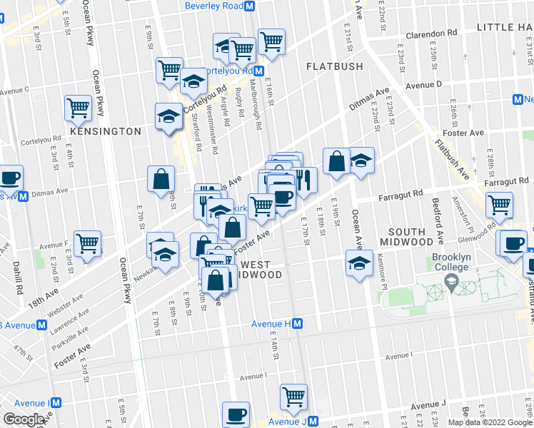 map of restaurants, bars, coffee shops, grocery stores, and more near 614 Marlborough Road in Brooklyn