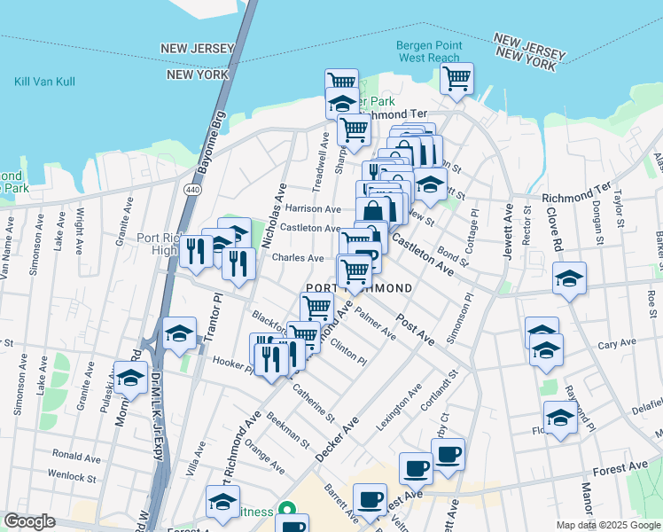 map of restaurants, bars, coffee shops, grocery stores, and more near 182 Charles Avenue in Staten Island
