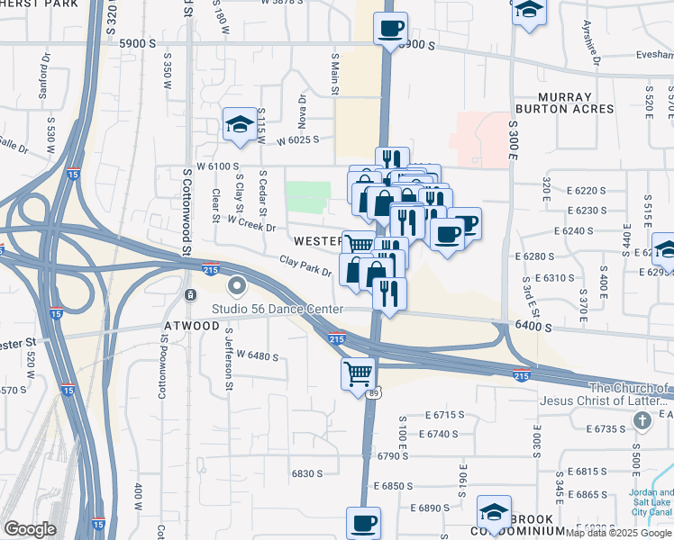 map of restaurants, bars, coffee shops, grocery stores, and more near 22 Clay Park Drive in Salt Lake City