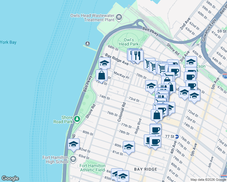 map of restaurants, bars, coffee shops, grocery stores, and more near 73 73rd Street in Brooklyn