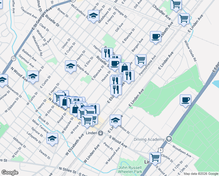 map of restaurants, bars, coffee shops, grocery stores, and more near 200 Maple Avenue in Linden