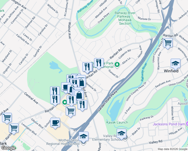 map of restaurants, bars, coffee shops, grocery stores, and more near 1441 Raritan Road in Clark