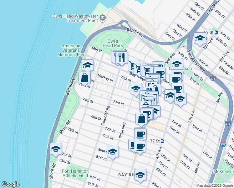 map of restaurants, bars, coffee shops, grocery stores, and more near 145 72nd Street in Brooklyn