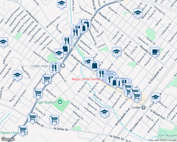 map of restaurants, bars, coffee shops, grocery stores, and more near in Linden