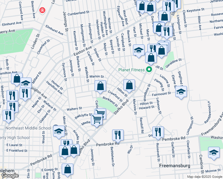 map of restaurants, bars, coffee shops, grocery stores, and more near 943 Crawford Street in Bethlehem