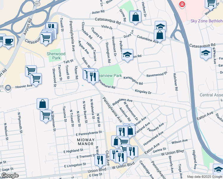 map of restaurants, bars, coffee shops, grocery stores, and more near 2211 Pinehurst Rd in Bethlehem