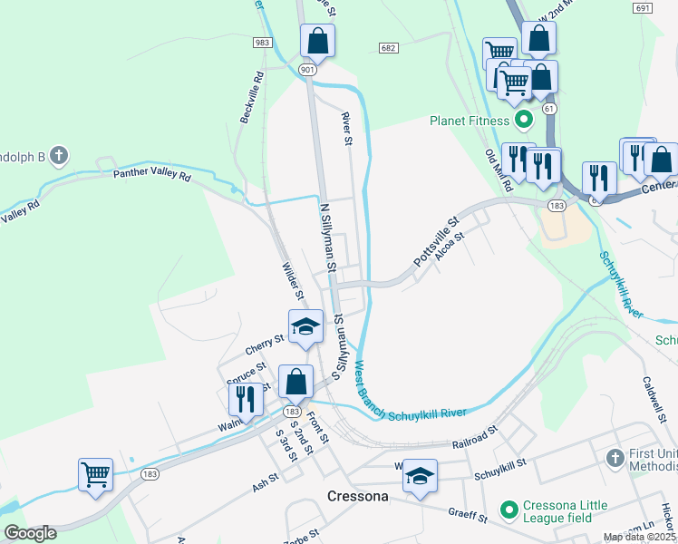 map of restaurants, bars, coffee shops, grocery stores, and more near 17 North Sillyman Street in Cressona