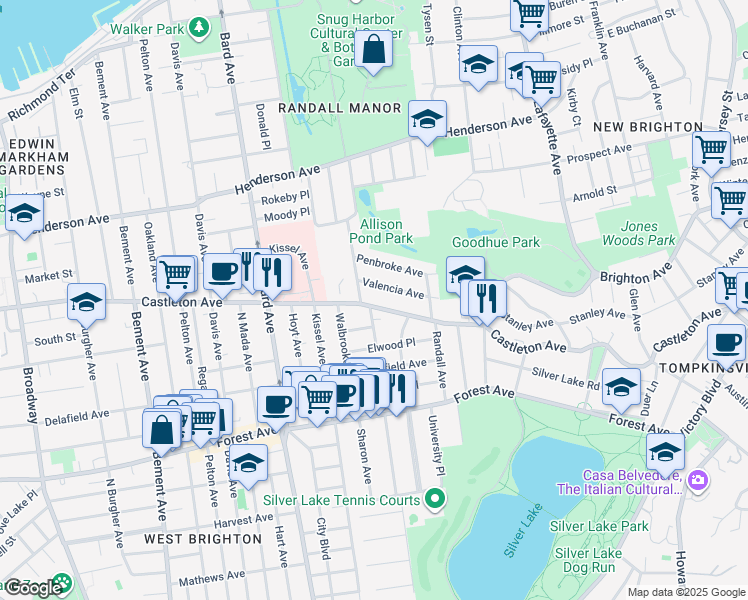 map of restaurants, bars, coffee shops, grocery stores, and more near 72 Valencia Avenue in Staten Island