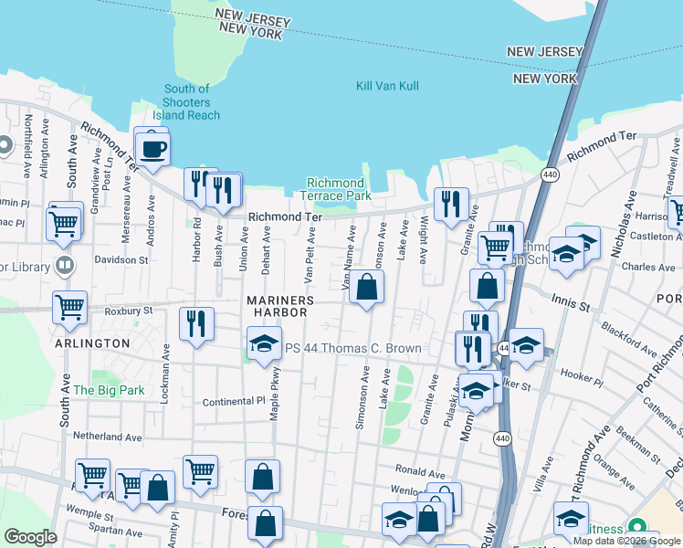 map of restaurants, bars, coffee shops, grocery stores, and more near 78 Van Name Avenue in Staten Island
