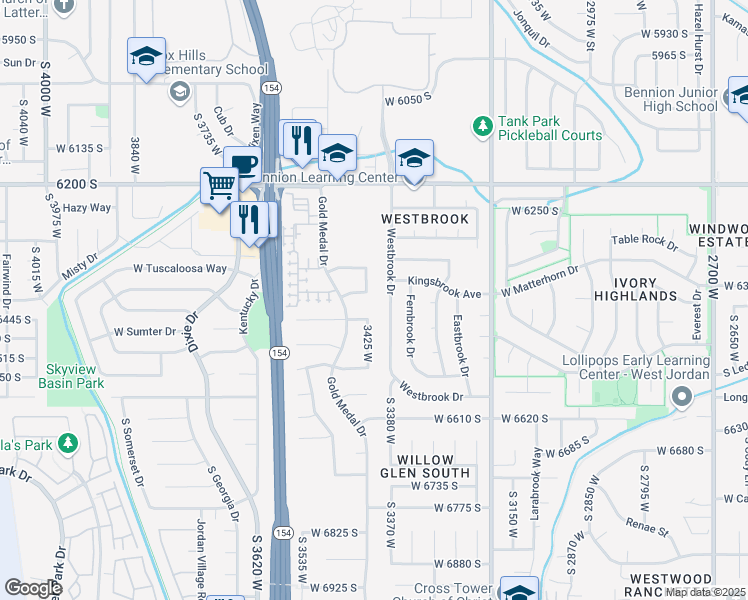 map of restaurants, bars, coffee shops, grocery stores, and more near 6390 Westbrook Drive West in West Jordan