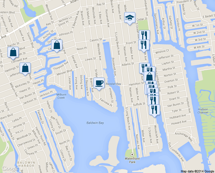 map of restaurants, bars, coffee shops, grocery stores, and more near 311 Westside Avenue in Freeport