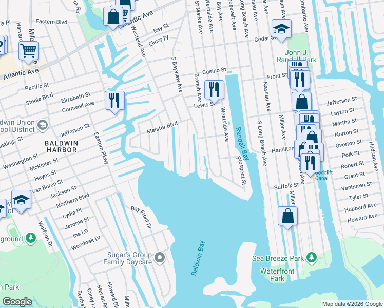 map of restaurants, bars, coffee shops, grocery stores, and more near 679 South Bayview Avenue in Freeport