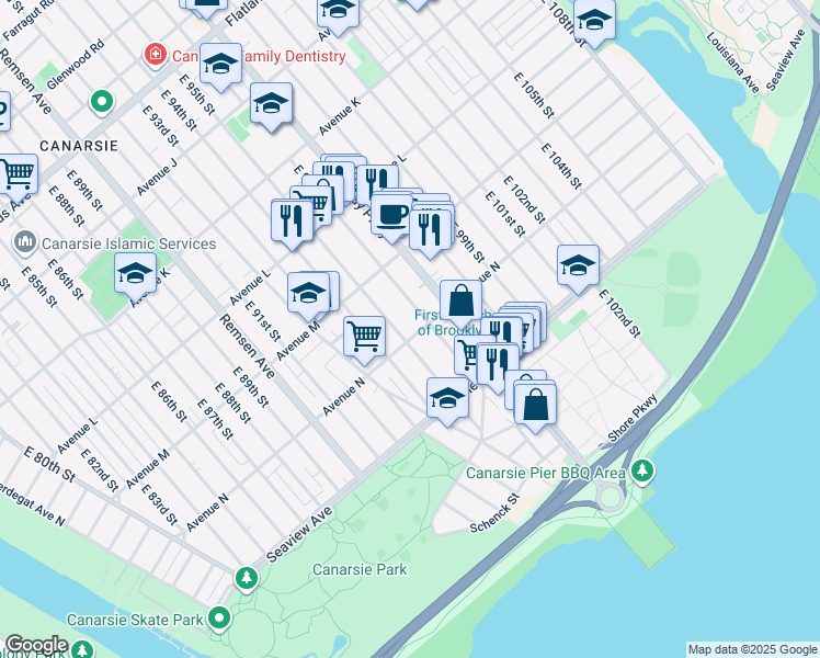 map of restaurants, bars, coffee shops, grocery stores, and more near 1554 East 96th Street in Brooklyn