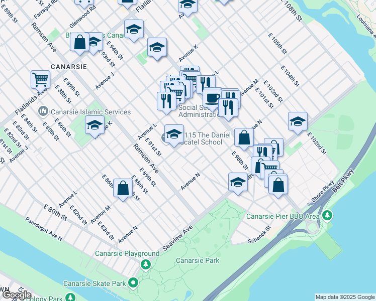 map of restaurants, bars, coffee shops, grocery stores, and more near 9308 Avenue M in Brooklyn