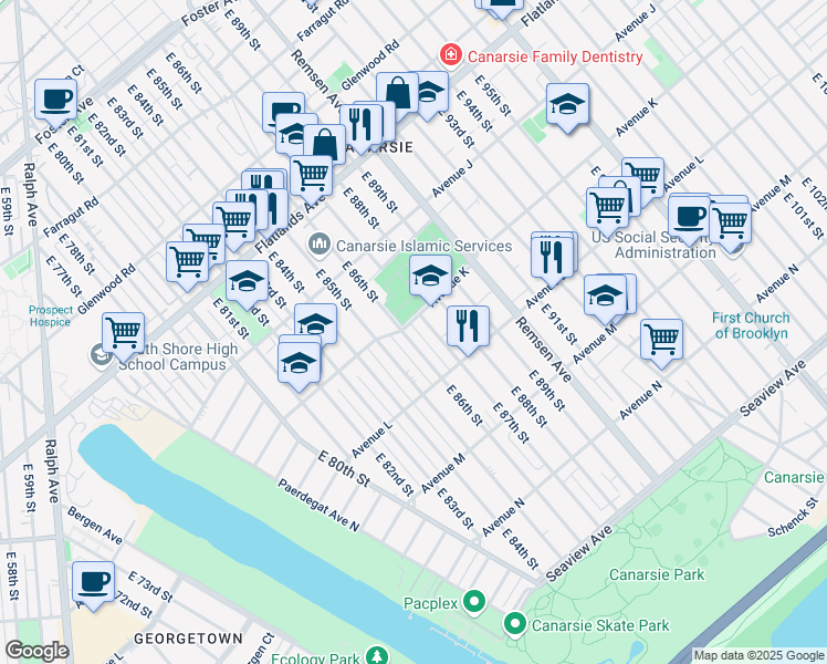 map of restaurants, bars, coffee shops, grocery stores, and more near 1086 East 86th Street in Brooklyn