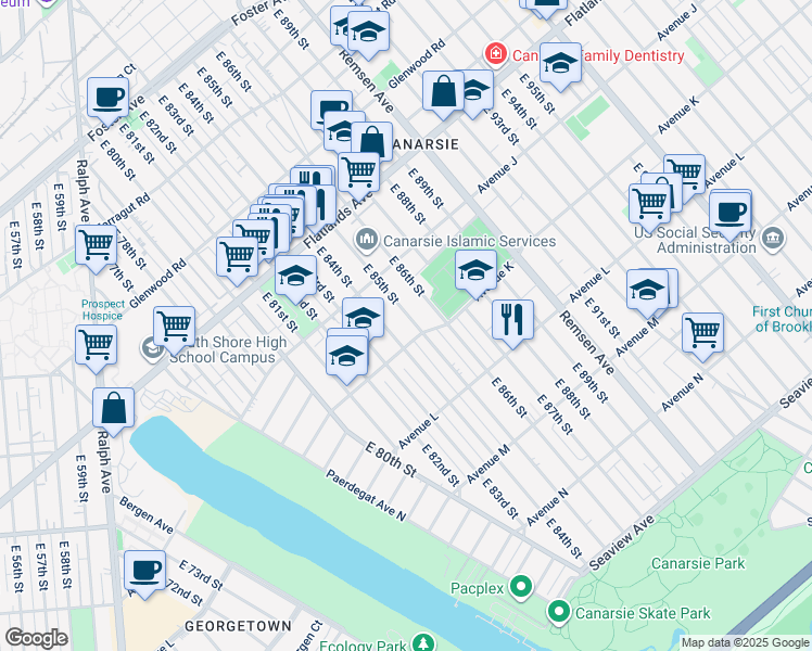 map of restaurants, bars, coffee shops, grocery stores, and more near 1068 East 85th Street in Brooklyn