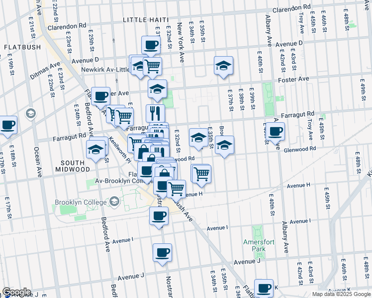 map of restaurants, bars, coffee shops, grocery stores, and more near 653 East 32nd Street in Brooklyn